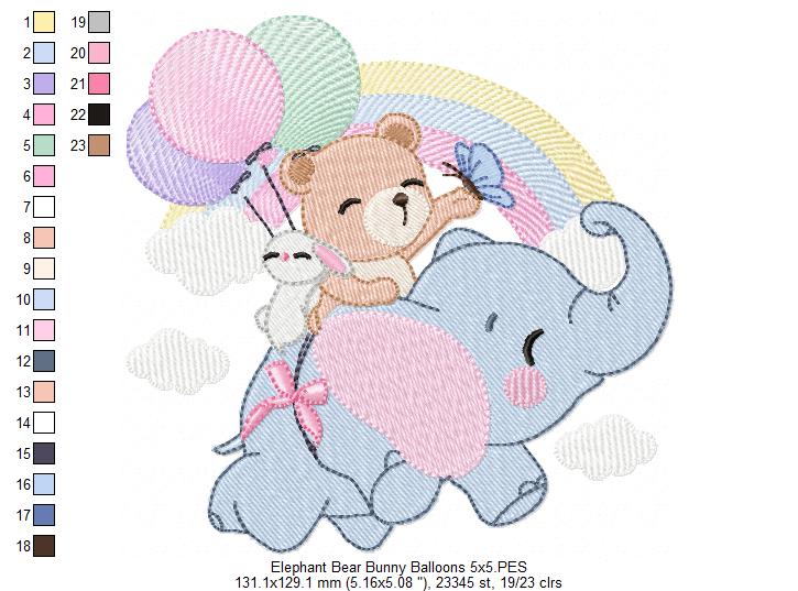 Elephant, Bear and Bunny Flying - Fill Stitch