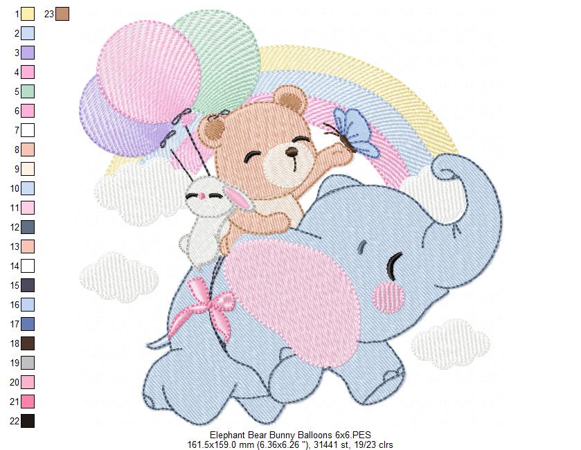 Elephant, Bear and Bunny Flying - Fill Stitch