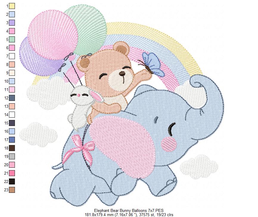 Elephant, Bear and Bunny Flying - Fill Stitch