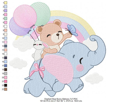 Elephant, Bear and Bunny Flying - Fill Stitch
