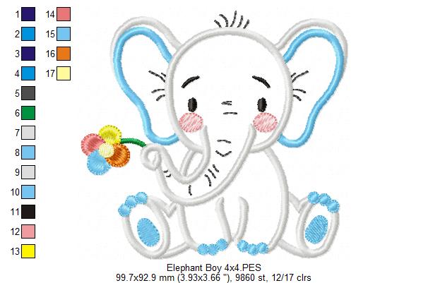 Elephant Boy Holding a Flower - Applique