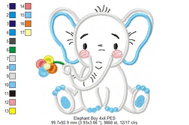 Elephant Girl and Boy Holding a Flower - Set of 2 designs - Applique