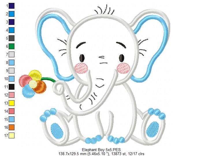 Elephant Boy Holding a Flower - Applique
