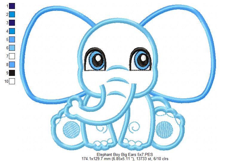 Elephant Boy and Girl Big Ears - Applique - Set of 2 designs