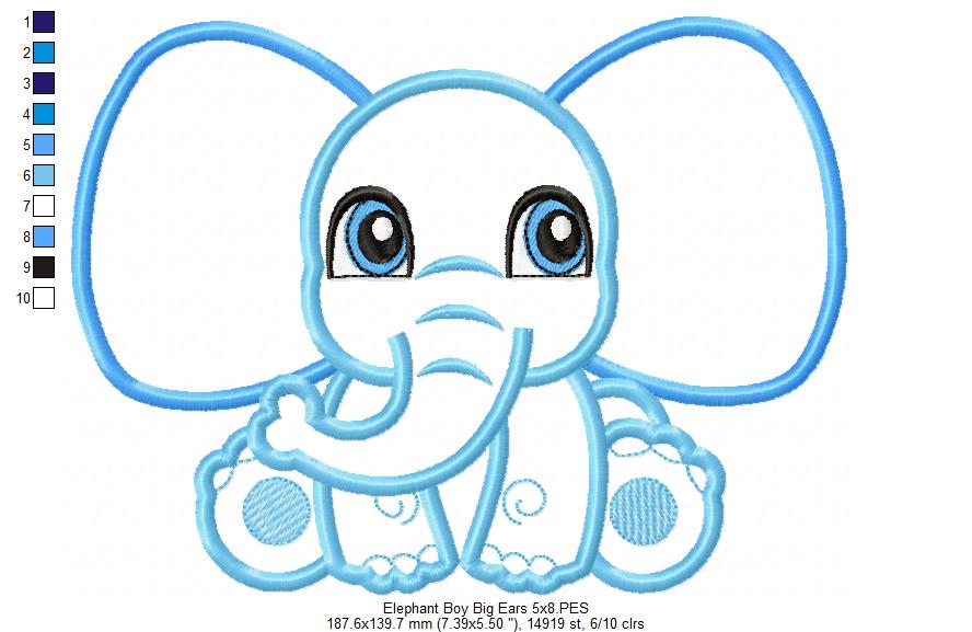 Elephant Boy and Girl Big Ears - Applique - Set of 2 designs
