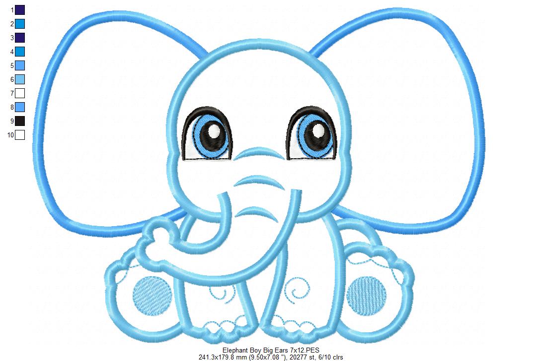Elephant Boy and Girl Big Ears - Applique - Set of 2 designs