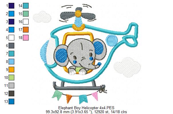 Elephant Boy and Girl in the Helicopter - Applique - Set of 2 designs