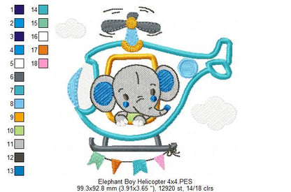 Elephant Boy and Girl in the Helicopter - Applique - Set of 2 designs