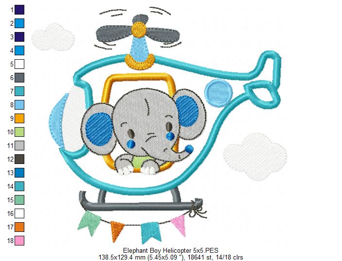 Elephant Boy and Girl in the Helicopter - Applique - Set of 2 designs