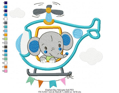 Elephant Boy and Girl in the Helicopter - Applique - Set of 2 designs
