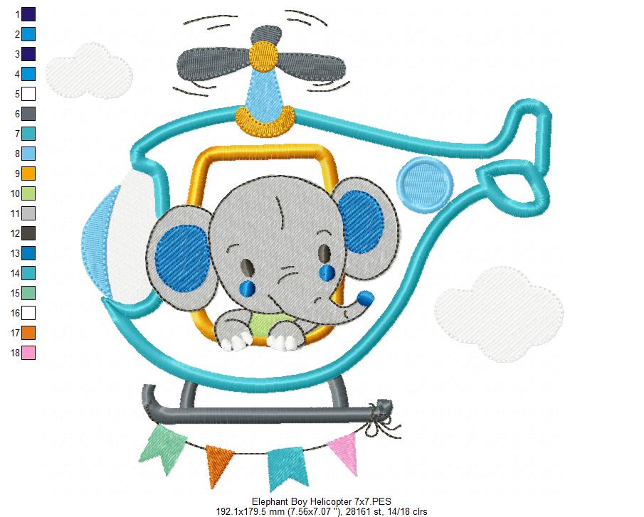 Elephant Boy and Girl in the Helicopter - Applique - Set of 2 designs