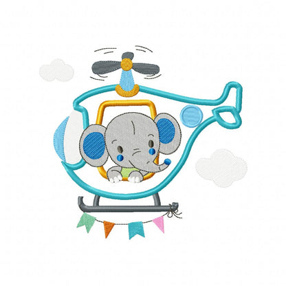 Elephant Boy and Girl in the Helicopter - Applique - Set of 2 designs