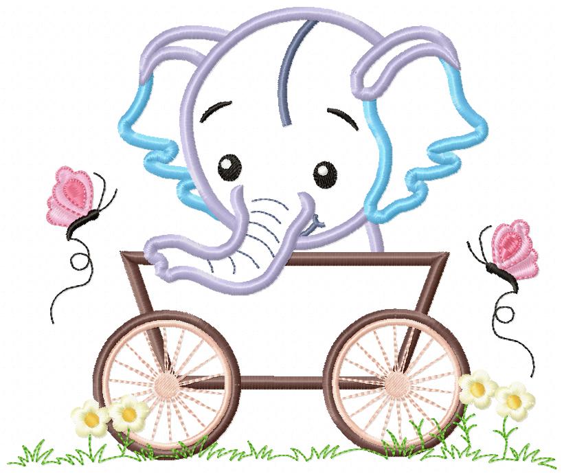 Baby Elephant Boy in the Wagon - Applique Machine Embroidery Design