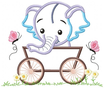 Baby Elephant Boy in the Wagon - Applique Machine Embroidery Design