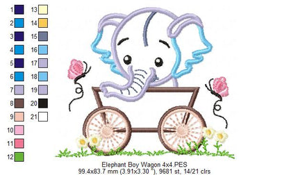 Baby Elephant Boy in the Wagon - Applique Machine Embroidery Design