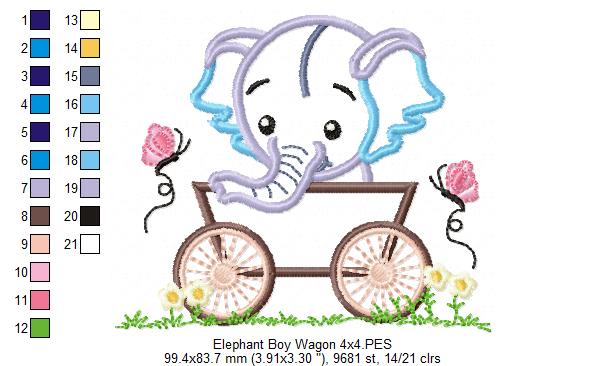 Baby Elephant Boy in the Wagon - Applique Machine Embroidery Design