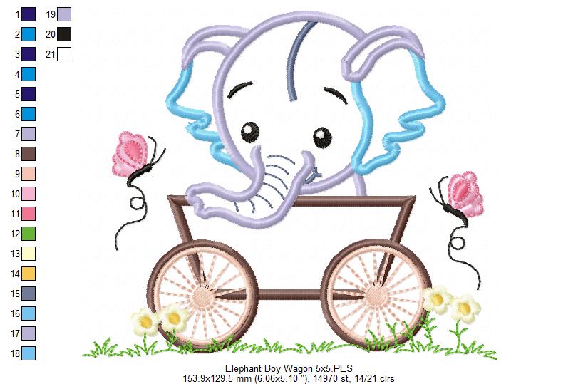 Baby Elephant Boy in the Wagon - Applique Machine Embroidery Design