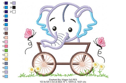 Baby Elephant Boy in the Wagon - Applique Machine Embroidery Design