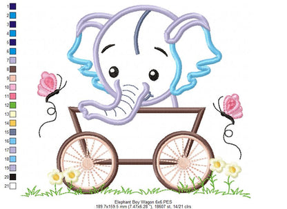 Baby Elephant Boy in the Wagon - Applique Machine Embroidery Design