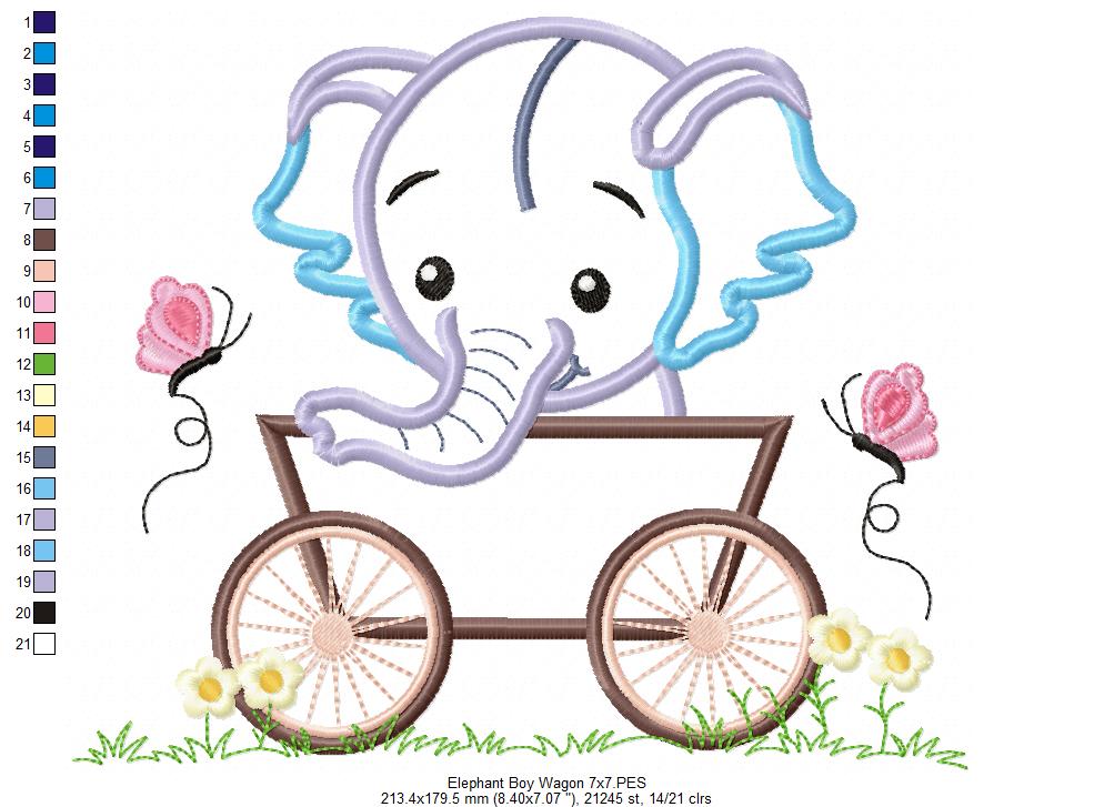 Baby Elephant Boy in the Wagon - Applique Machine Embroidery Design