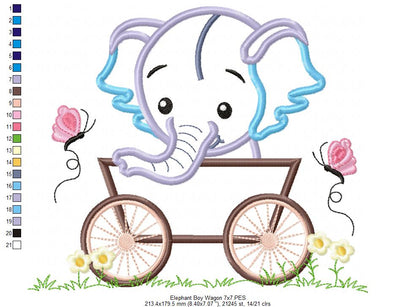 Baby Elephant Boy in the Wagon - Applique Machine Embroidery Design