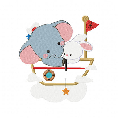 Elephant and Bunny on a Boat - Applique