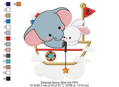 Elephant and Bunny on a Boat - Applique
