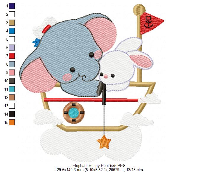 Elephant and Bunny on a Boat - Applique