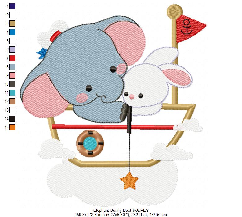 Elephant and Bunny on a Boat - Applique