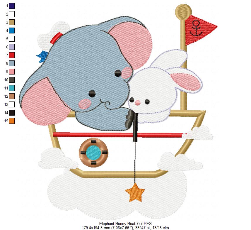 Elephant and Bunny on a Boat - Applique
