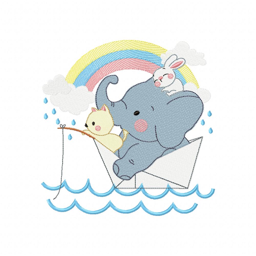 Elephant, Bunny and Cat Fishing - Fill Stitch