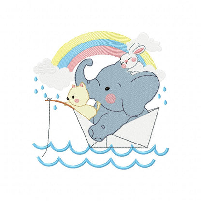 Elephant, Bunny and Cat Fishing - Fill Stitch