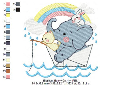 Elephant, Bunny and Cat Fishing - Fill Stitch