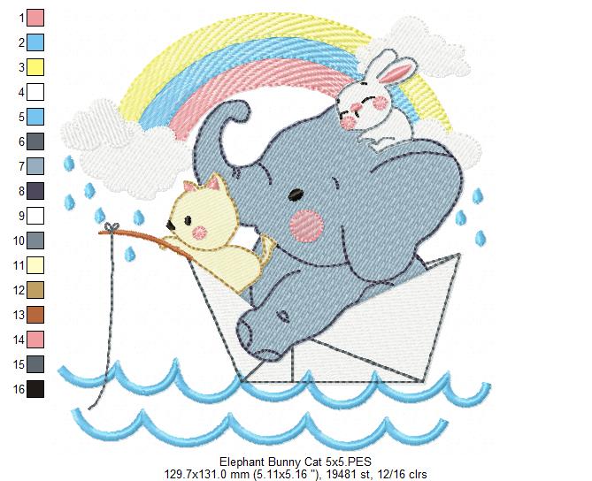 Elephant, Bunny and Cat Fishing - Fill Stitch