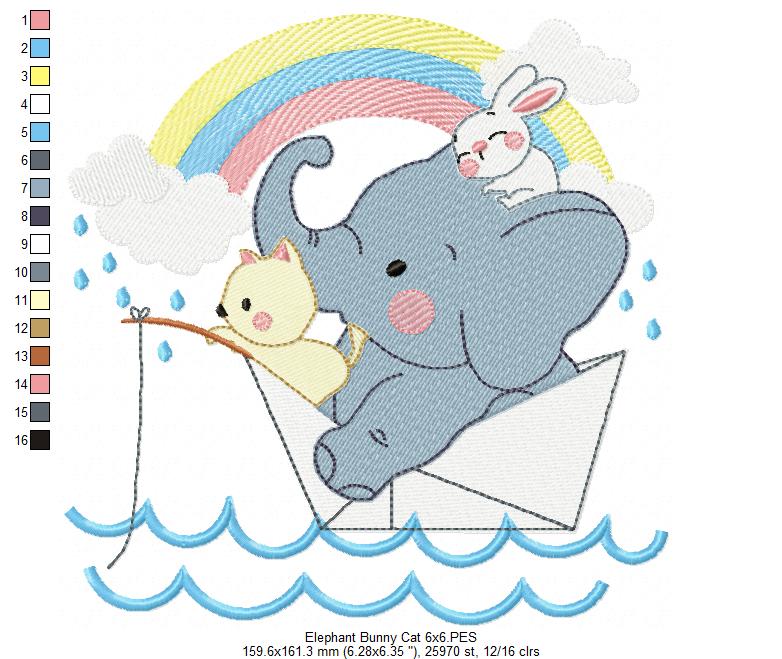 Elephant, Bunny and Cat Fishing - Fill Stitch