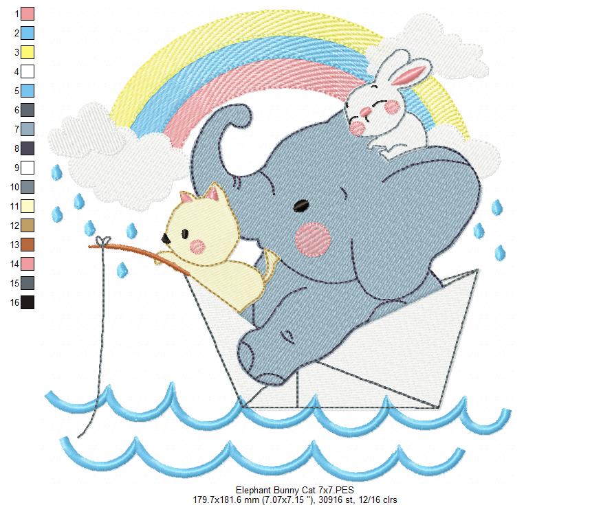 Elephant, Bunny and Cat Fishing - Fill Stitch