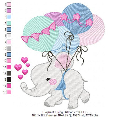 Elephant Flying with Balloons - Fill Stitch