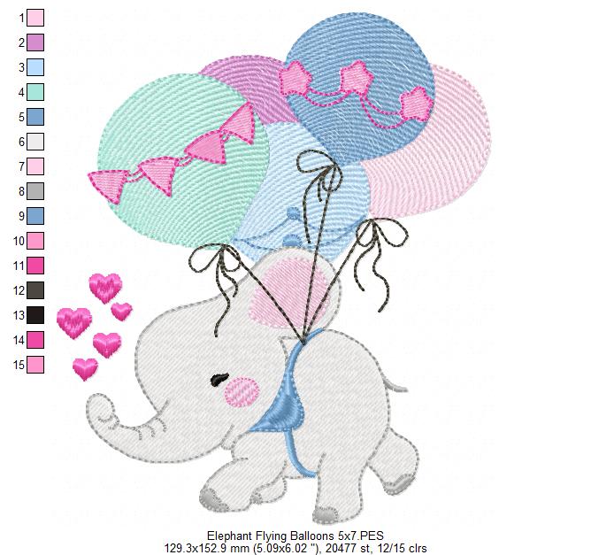 Elephant Flying with Balloons - Fill Stitch
