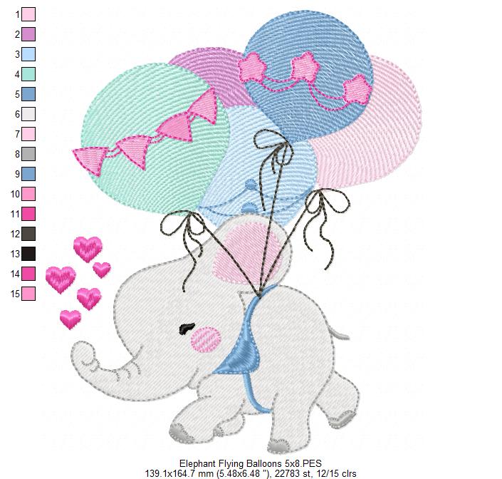 Elephant Flying with Balloons - Fill Stitch