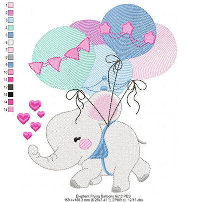 Elephant Flying with Balloons - Fill Stitch