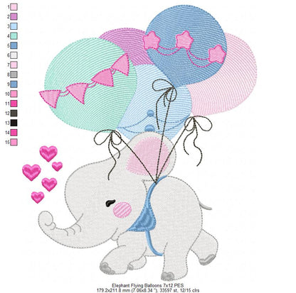 Elephant Flying with Balloons - Fill Stitch
