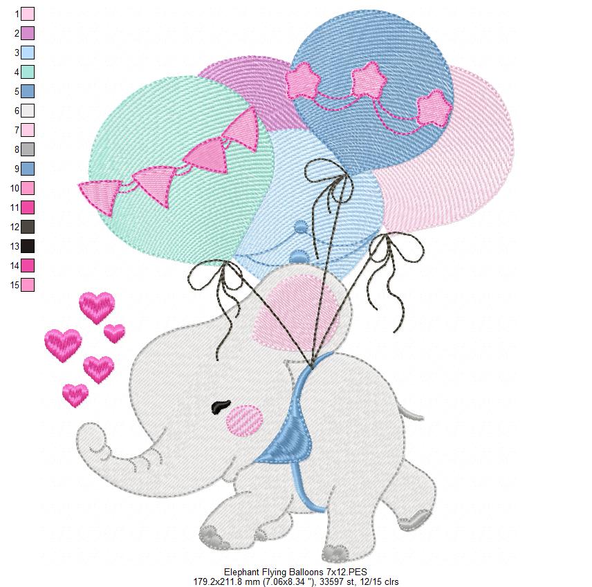 Elephant Flying with Balloons - Fill Stitch