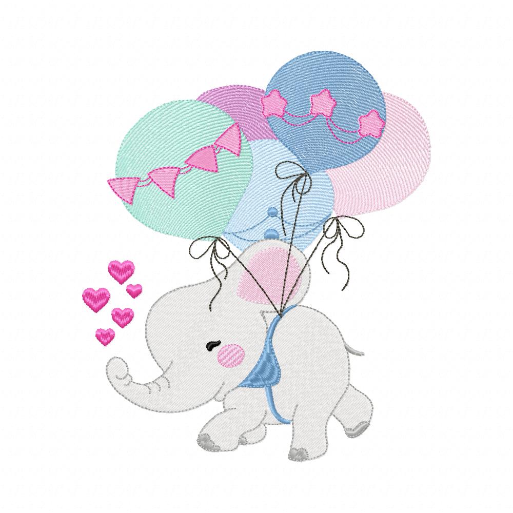 Elephant Flying with Balloons - Fill Stitch