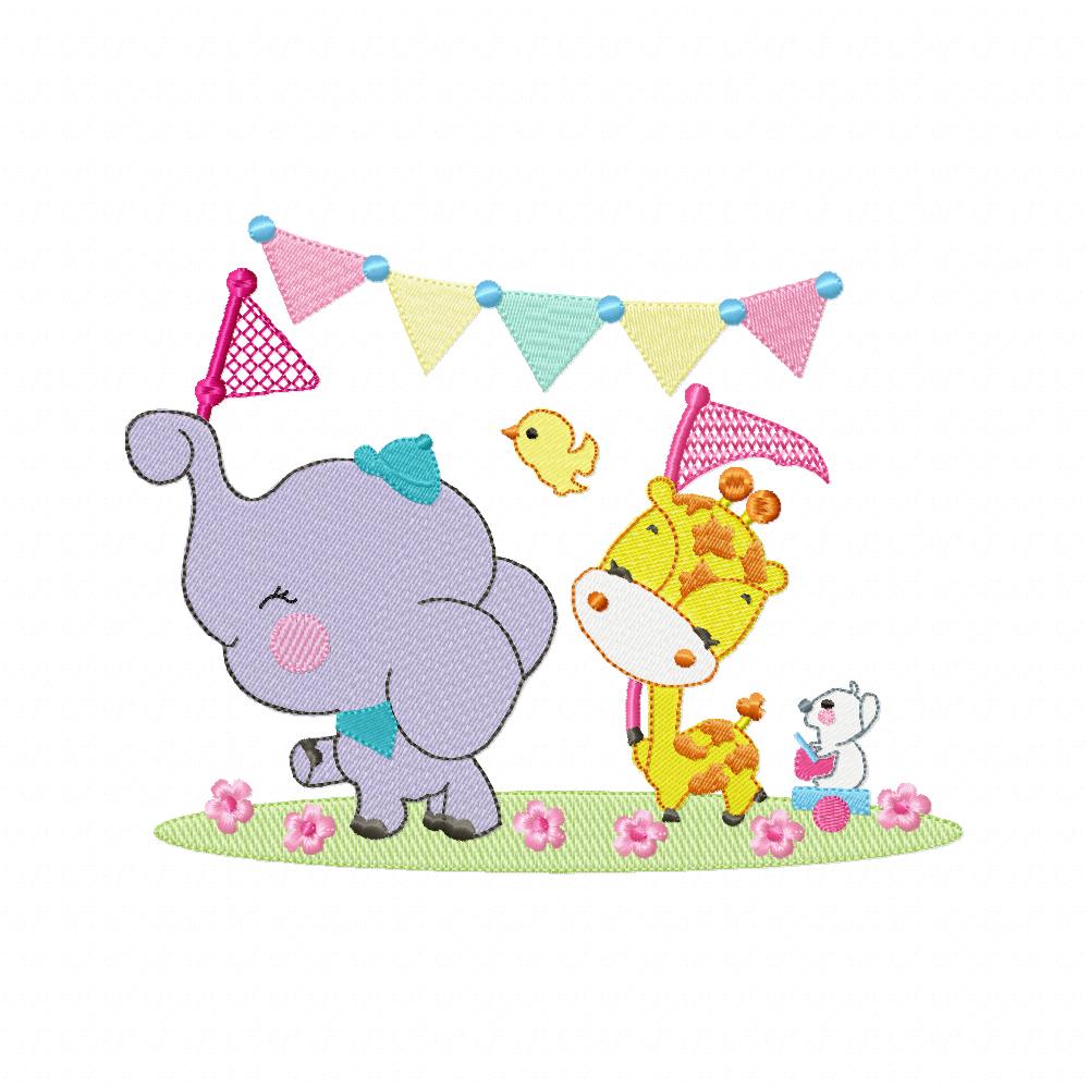 Elephant ,Giraffe, Mouse and Bird - Fill Stitch Embroidery