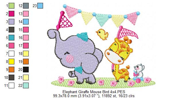 Elephant ,Giraffe, Mouse and Bird - Fill Stitch Embroidery
