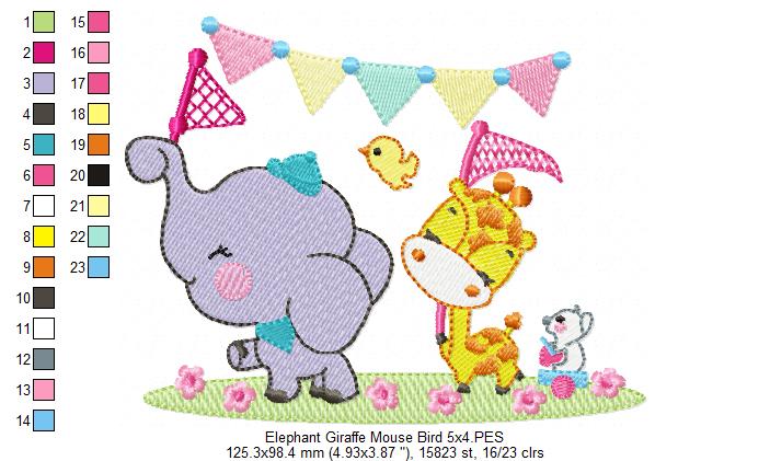 Elephant ,Giraffe, Mouse and Bird - Fill Stitch Embroidery