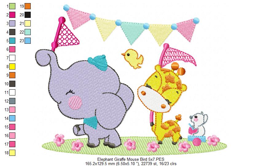 Elephant ,Giraffe, Mouse and Bird - Fill Stitch Embroidery