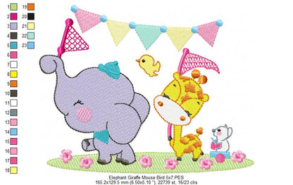 Elephant ,Giraffe, Mouse and Bird - Fill Stitch Embroidery