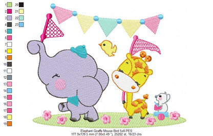 Elephant ,Giraffe, Mouse and Bird - Fill Stitch Embroidery