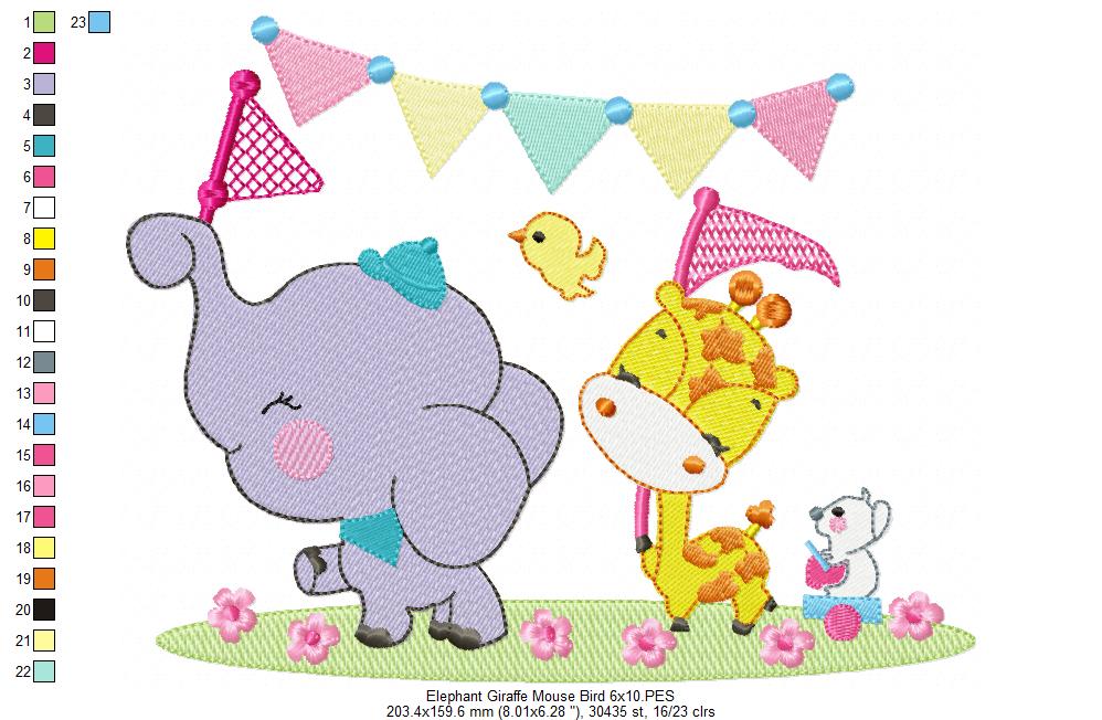 Elephant ,Giraffe, Mouse and Bird - Fill Stitch Embroidery